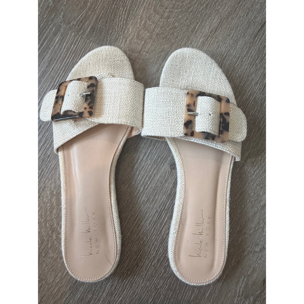 Nicole Miller New York Womens Beige Linen Buckle Slide Sandals Size 8.5 Tortoise
